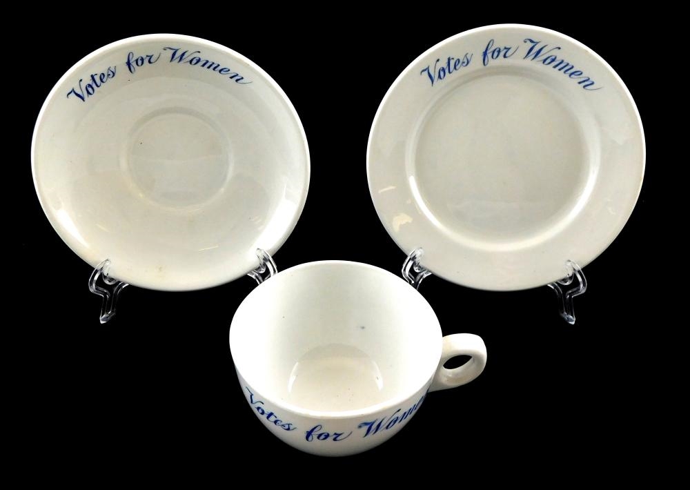 Artwork by John Maddock, Votes for Women Suffragette themed plates and teacups, Made of porcelain plates