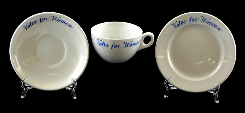 Artwork by John Maddock, Votes for Women Suffragette themed plates and teacups, Made of porcelain plates