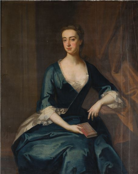 Portrait of Miss Jones, three-quarter length, seated, wearing a blue dress with white chemise and holding a book by Enoch Seeman