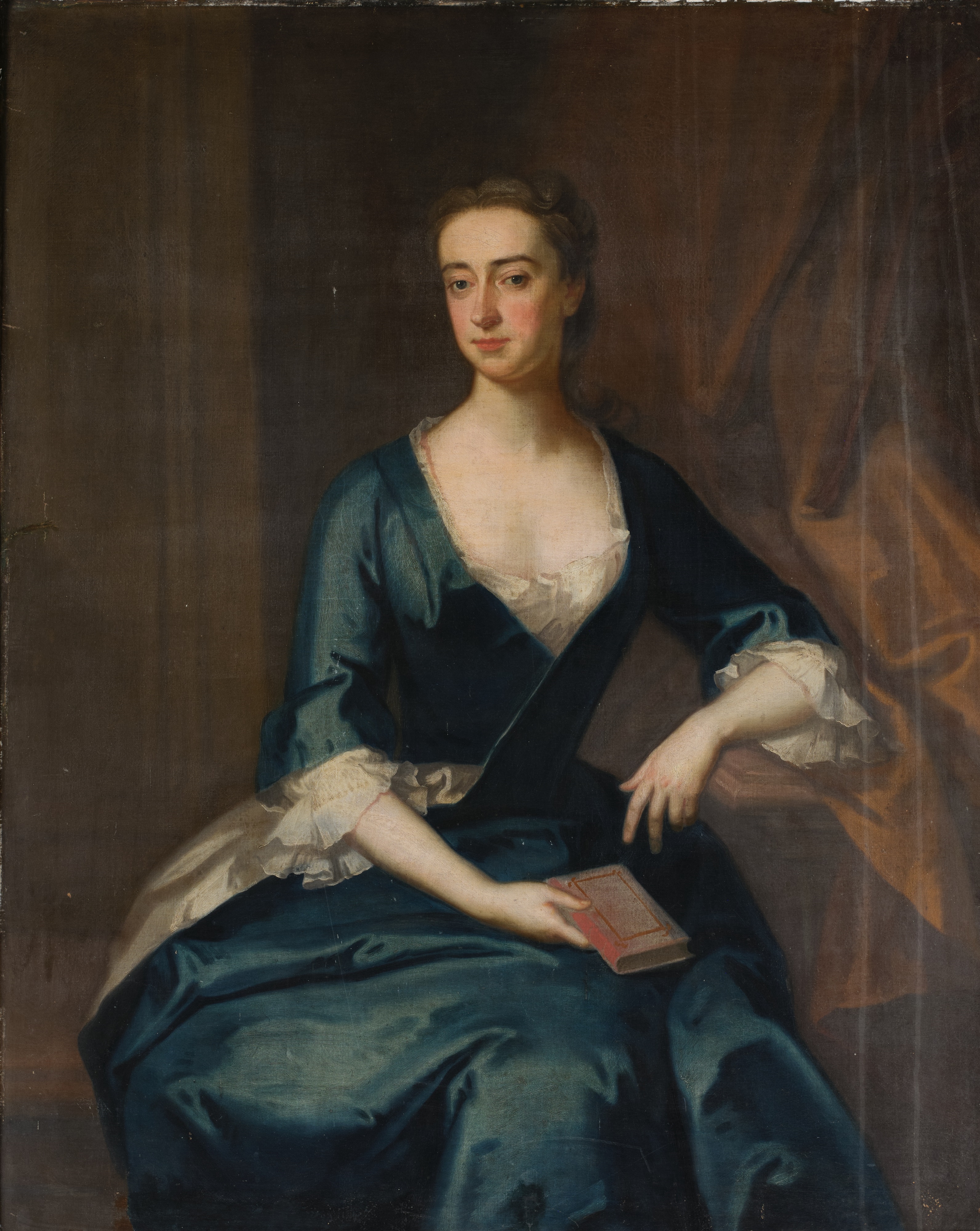 Artwork by Enoch Seeman, Portrait of Miss Jones, three-quarter length, seated, wearing a blue dress with white chemise and holding a book, Made of oil on canvas
