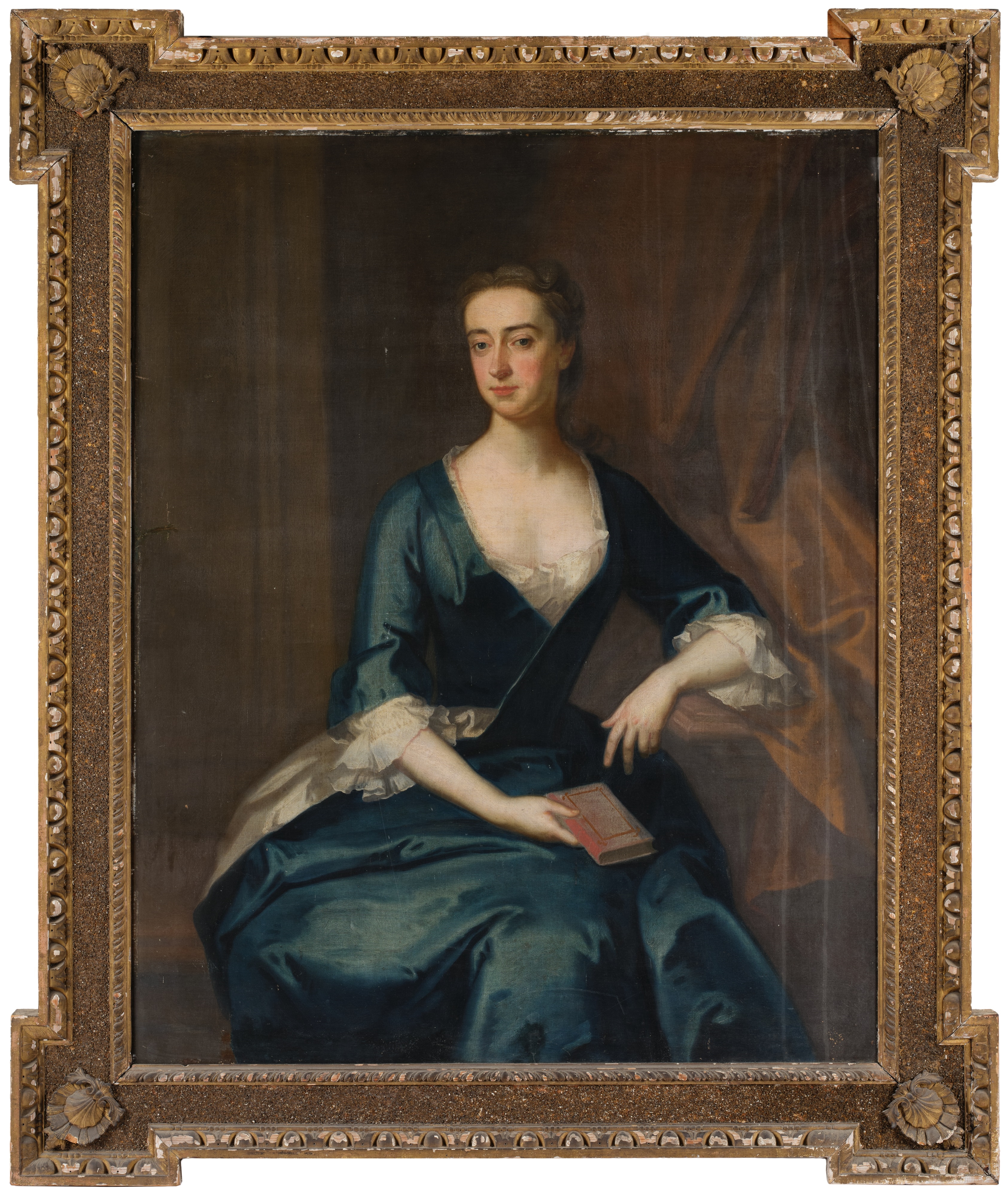 Artwork by Enoch Seeman, Portrait of Miss Jones, three-quarter length, seated, wearing a blue dress with white chemise and holding a book, Made of oil on canvas