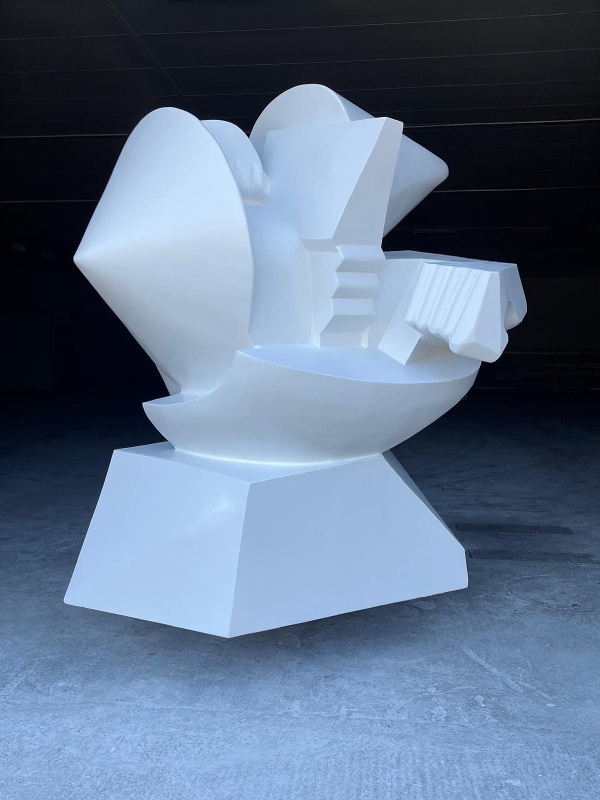 Artwork by Atila‏ Bíró, The Statue stands at the edge of space, Made of Plaster (wood and metal frame) lacquered with white fiberglass resin