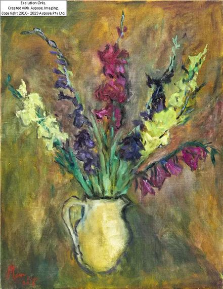 Leslie Marr,  British 1922-2021 -  Gladioli, 2015;   oil on canvas, signed and dated lower left 'Marr 8 Aug 2015', 91 by Leslie Marr, Aug 2015