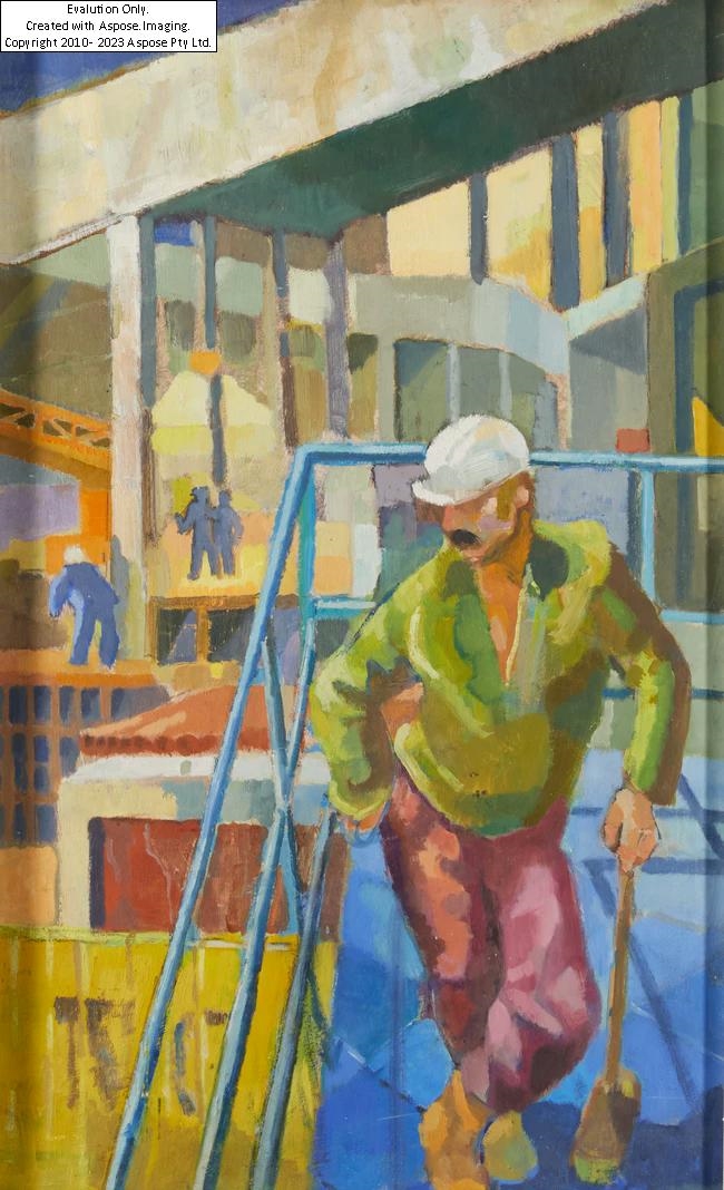 Artwork by Anne Bulitis, Anne Bulitis,  British 20th Century -  Construction worker;  oil on board, 59, Made of monochrome etching