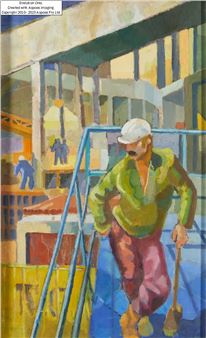 Anne Bulitis,  British 20th Century -  Construction worker;  oil on board, 59 - Anne Bulitis