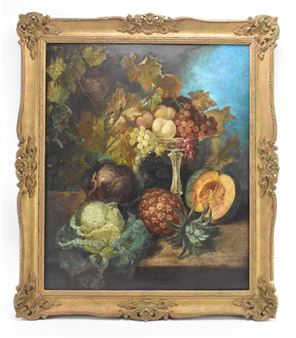 A 19th century oil on canvas depicting a still life scene with fruit atop a table and in a glass centrepiece - W. Sargent
