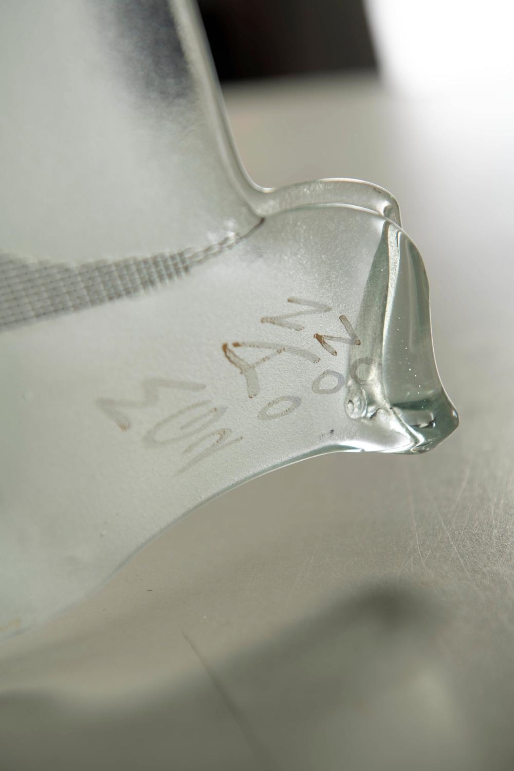 Artwork by Peter Mangan, Lamp, Made of glass with multi colored abstract inclusions designs, upon a wood base with metal fittings