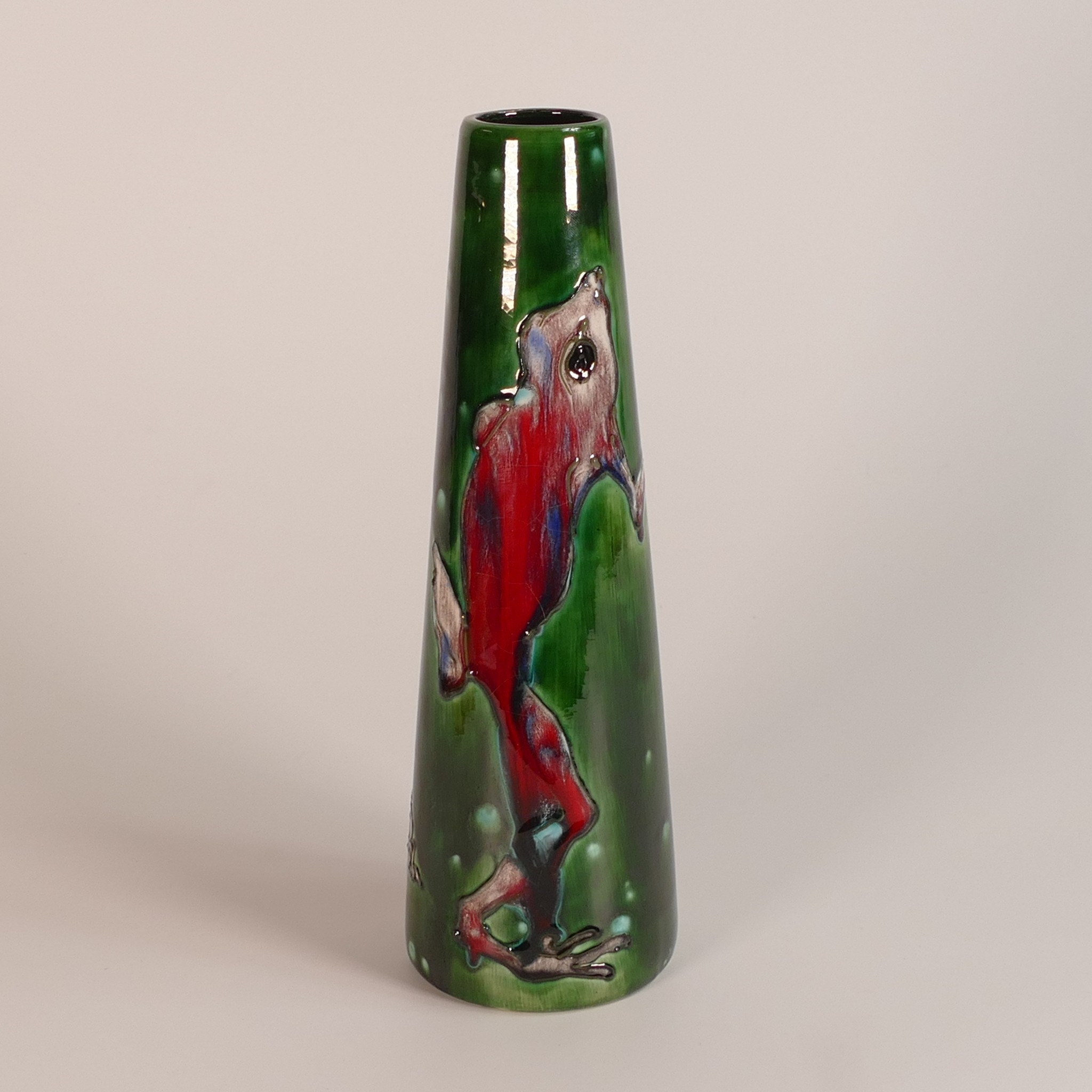 Artwork by Lise B. Moorcroft, Lisa B Moorcroft studio pottery trial vase with stylised frogs design, Made of pottery