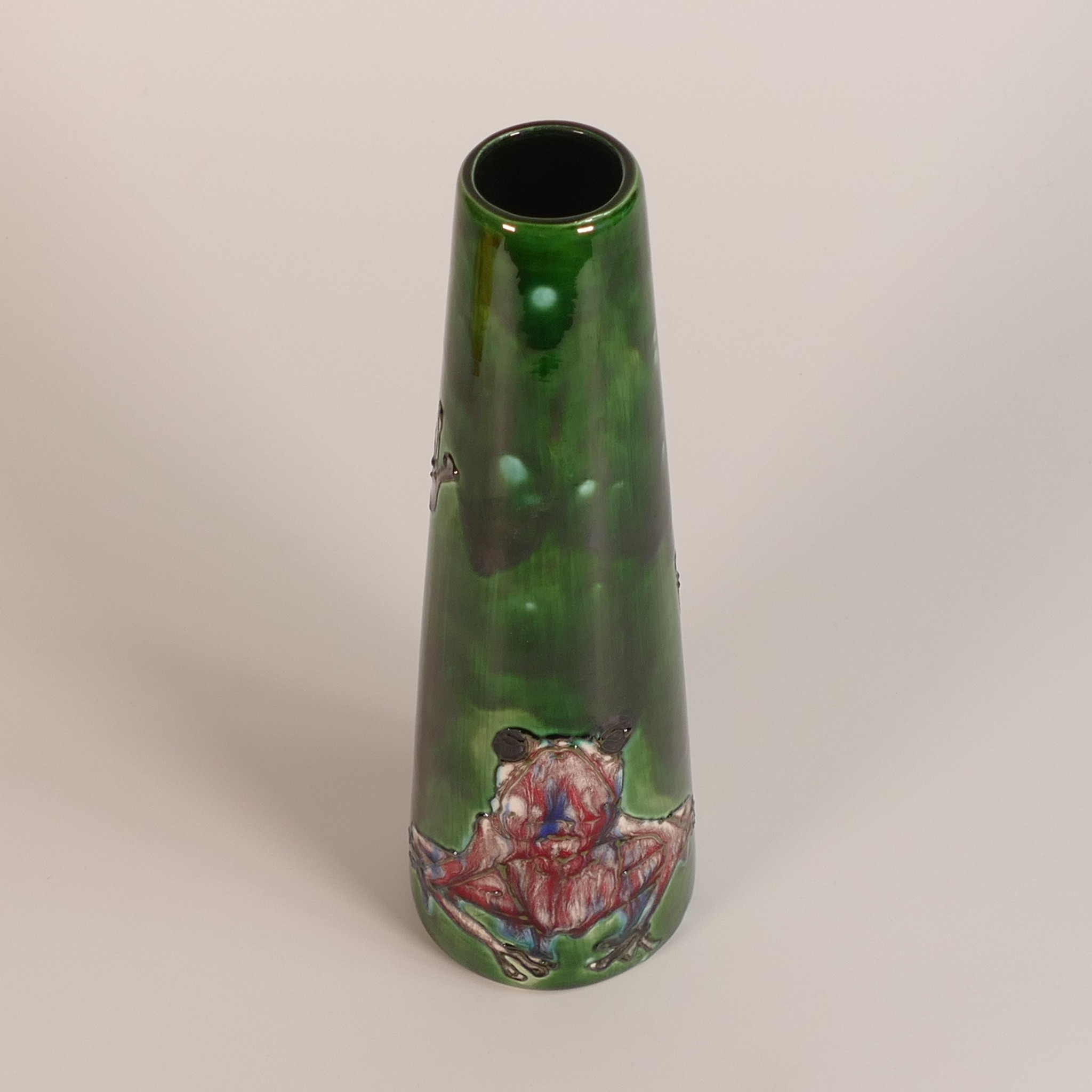 Artwork by Lise B. Moorcroft, Lisa B Moorcroft studio pottery trial vase with stylised frogs design, Made of pottery