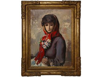 Portrait of a woman with scarf and flowers - Charles Caius Renoux