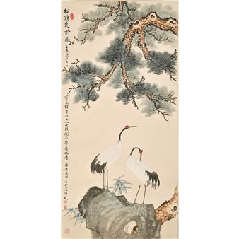 A Chinese painting of pine trees and cranes, by Lin Qingni (Chinese, 1914-2002 - Lin Qingni