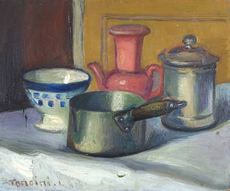 Artwork by Louis Toncini, Still life with red jug, Made of Oil on isorel