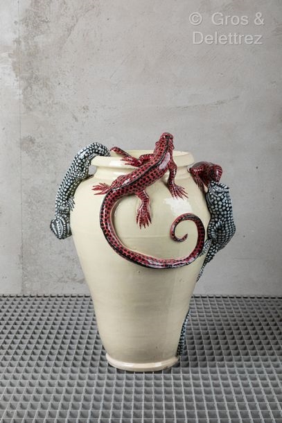 Artwork by Francesco Molaroni, Francesco MOLARONI in Pesaro Rare cream enameled ceramic baluster vase with applique decoration of four two-tone salamanders, Made of cream enameled ceramic