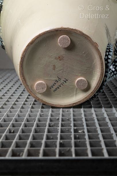 Artwork by Francesco Molaroni, Francesco MOLARONI in Pesaro Rare cream enameled ceramic baluster vase with applique decoration of four two-tone salamanders, Made of cream enameled ceramic