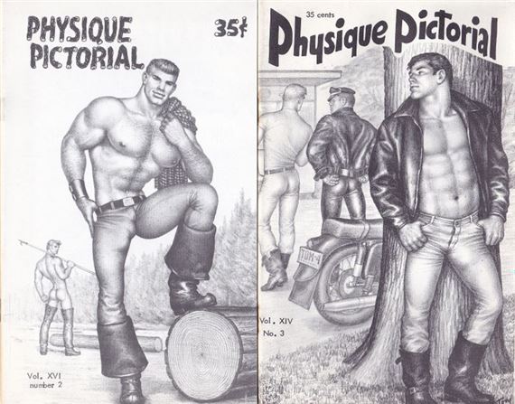 A split-panel vintage magazine cover featuring muscular figures in leather jackets and jeans.