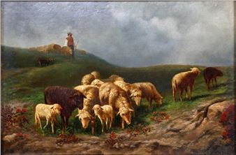 Landschap met schaapsherder en schapen - Eugene Remy Maes