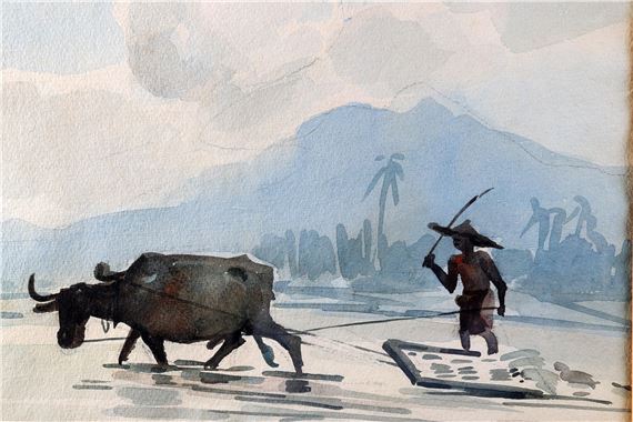 ミャンマー　有名画家　Soe Aung 漁船と夕日 絵画 ミャンマー 有名画家 Soe Aung 漁船と夕日 絵画 YONG MUN SEN