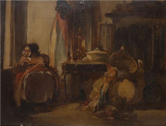 Woman staring out the window in a cluttered interior by Alexander Hugo Bakker Korff