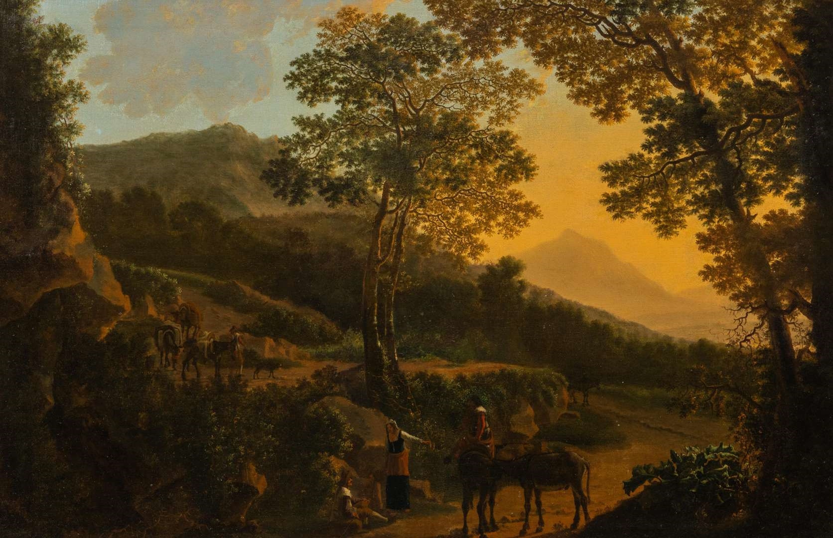 Artwork by Willem de Heusch, Italian landscape with peasants and donkeys, Made of oil on canvas