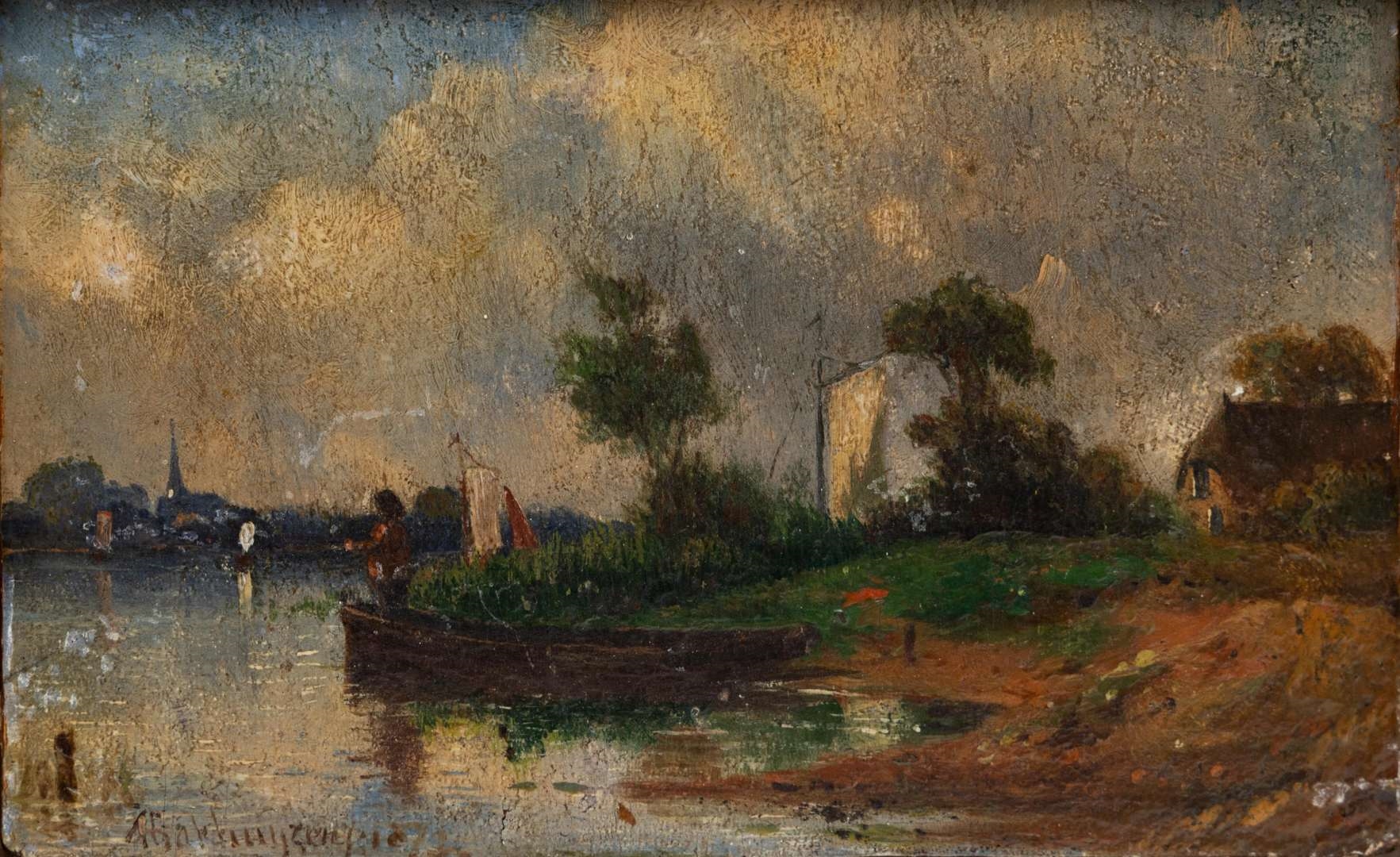 Artwork by Alexander Hieronymus Bakhuyzen, Riviergezicht met zeilschepen, Made of oil on panel