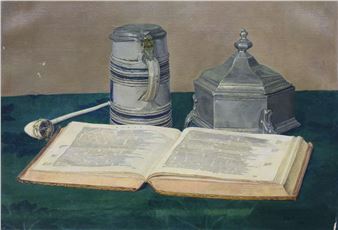 Stilleven met kruik, tabakspot en het boek 'Eneas - Maria Geertruida Maria van Hettinga Tromp