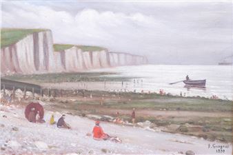 Plage animée près des falaises d'Etretat - Amédée Grognet