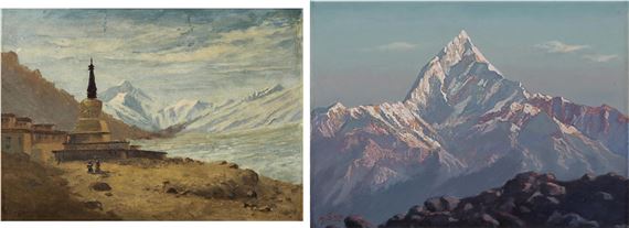 Mt. Everest and Rongbuk Monastery; Machapuchare at Dawn by M. Sain, 1891