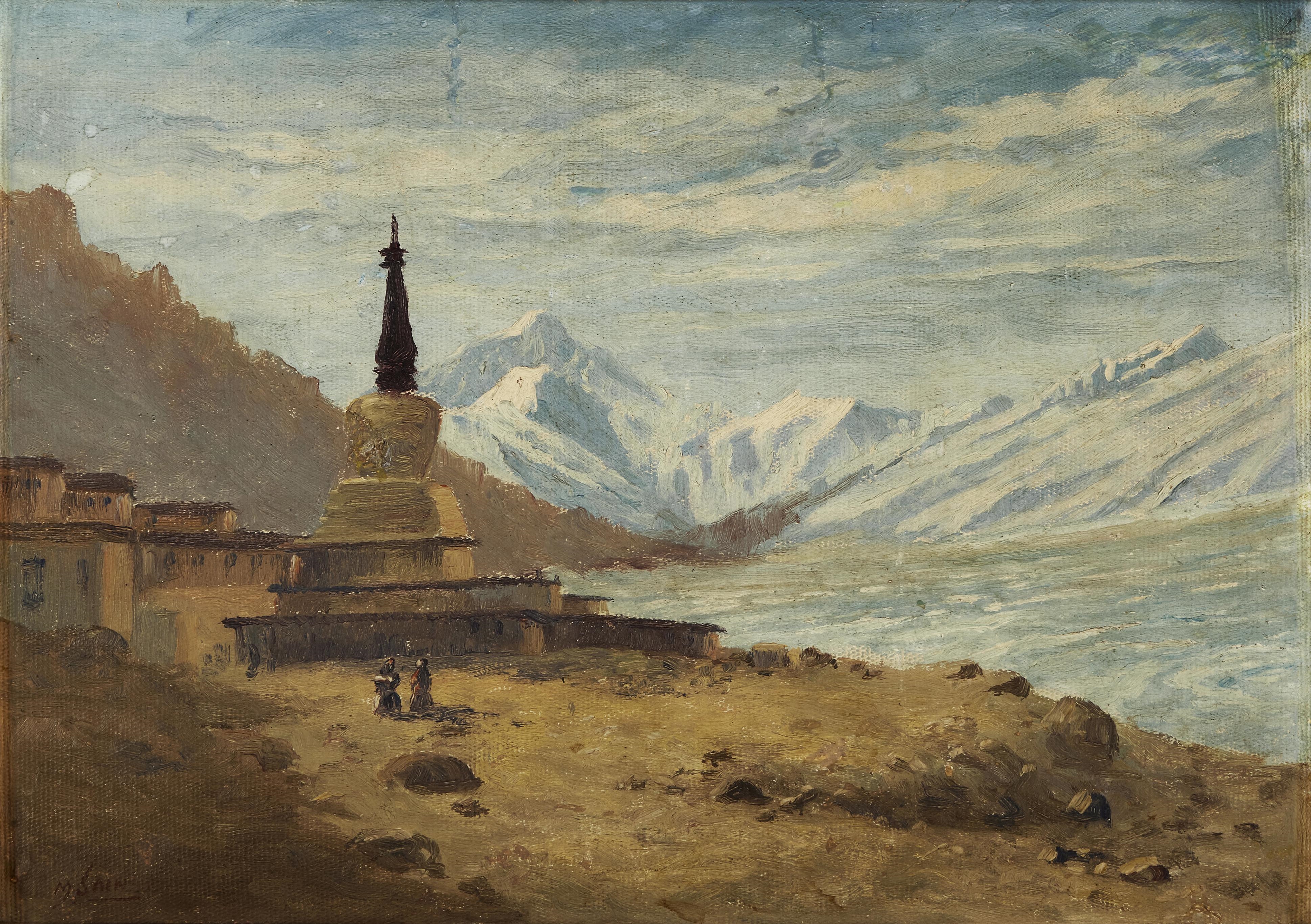 Artwork by M. Sain, Mt. Everest and Rongbuk Monastery; Machapuchare at Dawn, Made of Oil on canvas laid on card; oil on cloth laid on mountboard