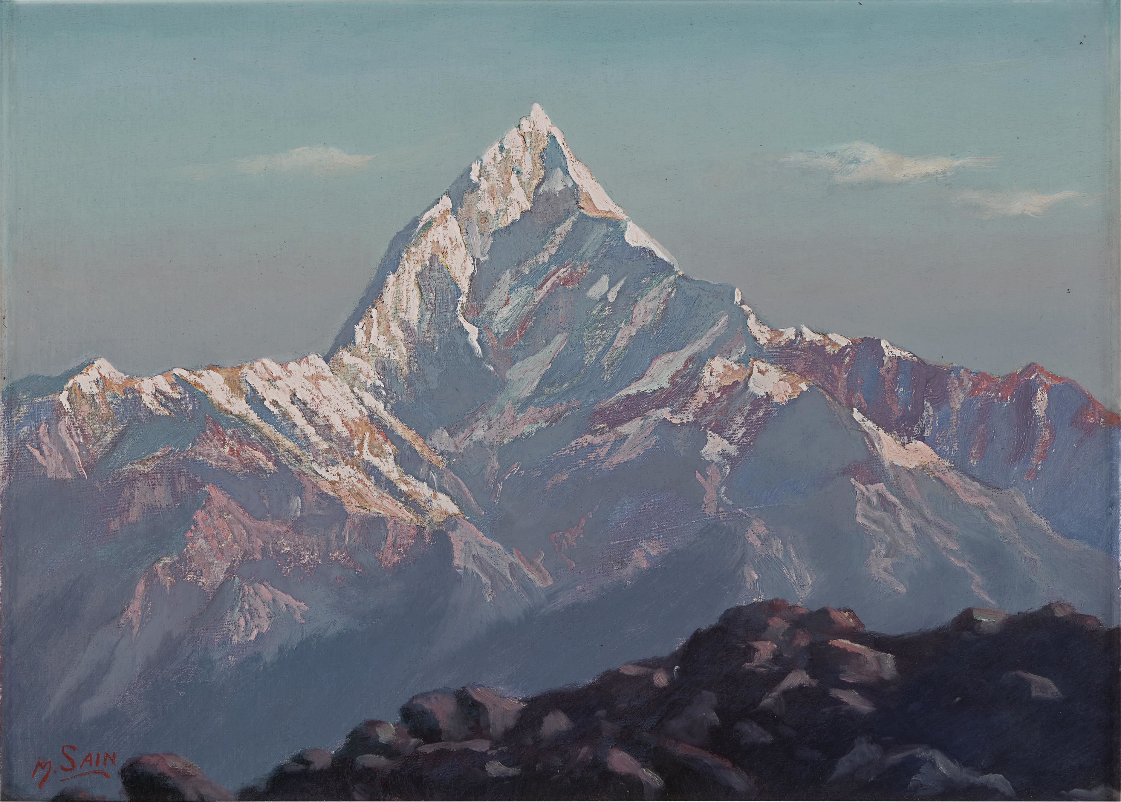 Artwork by M. Sain, Mt. Everest and Rongbuk Monastery; Machapuchare at Dawn, Made of Oil on canvas laid on card; oil on cloth laid on mountboard
