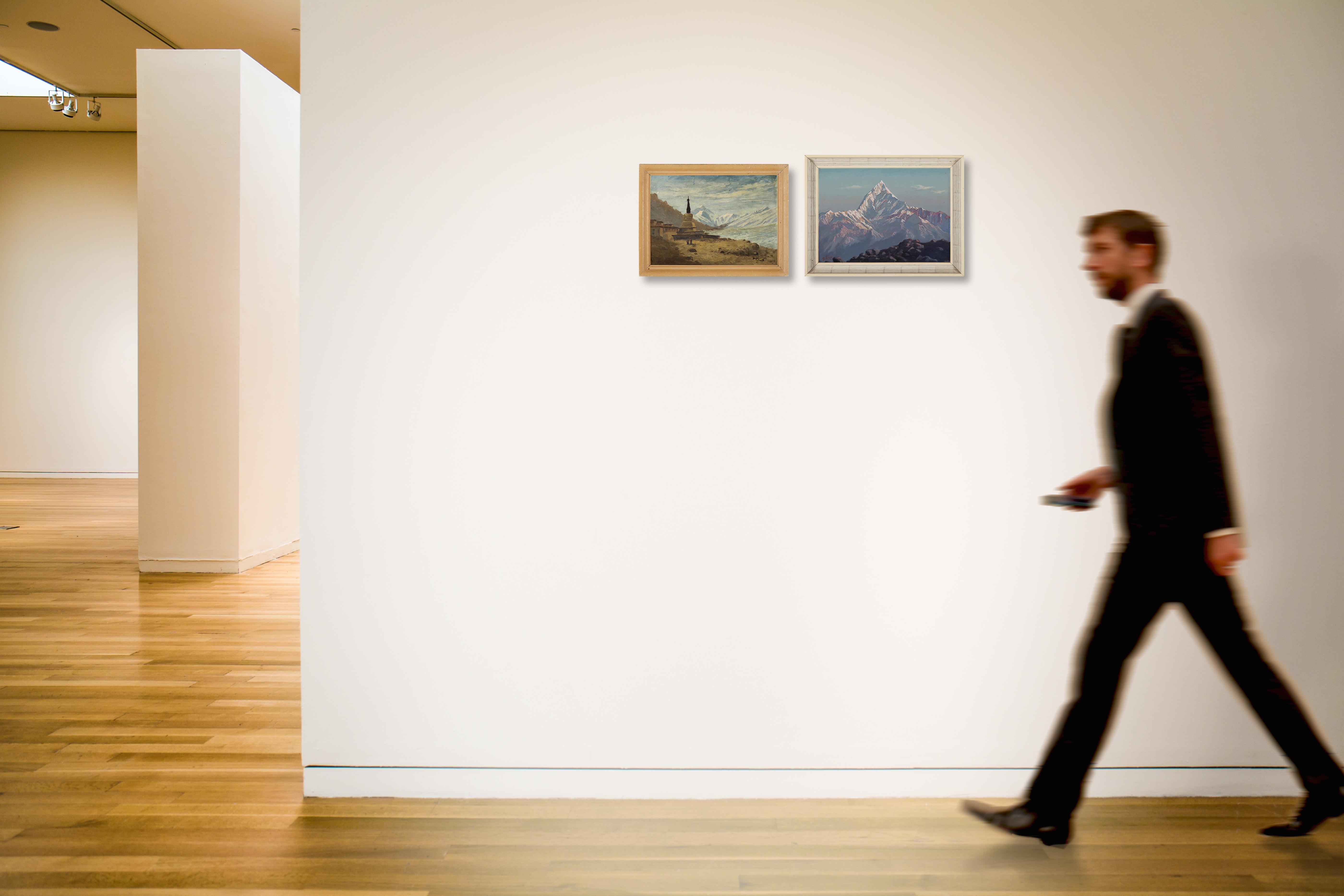 Artwork by M. Sain, Mt. Everest and Rongbuk Monastery; Machapuchare at Dawn, Made of Oil on canvas laid on card; oil on cloth laid on mountboard