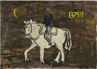 A surreal painting of a figure with red hair riding a white horse against a dark, textured background.