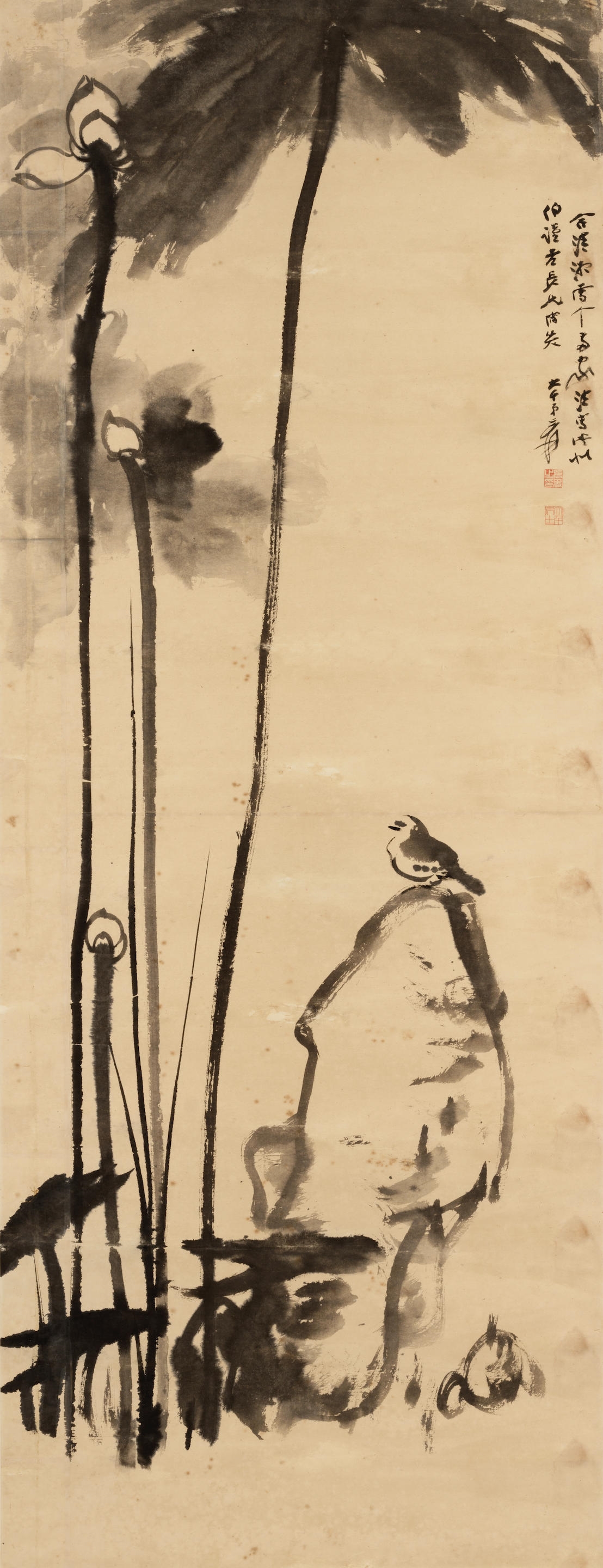 Artwork by Zhang Daqian, Lotus and Bird after Shitao (1642-1707) and Zhu Da (1626-1705, Made of hanging scroll, ink on paper