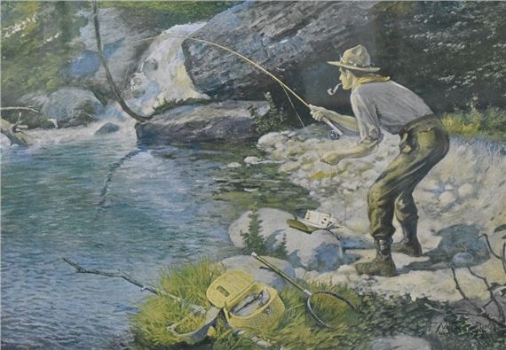 Frederick M Spiegle (American 1863-1942) colour print, depicting lone fisherman by river, within - Frederick Moladore Spiegle