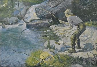 Frederick M Spiegle (American 1863-1942) colour print, depicting lone fisherman by river, within - Frederick Moladore Spiegle