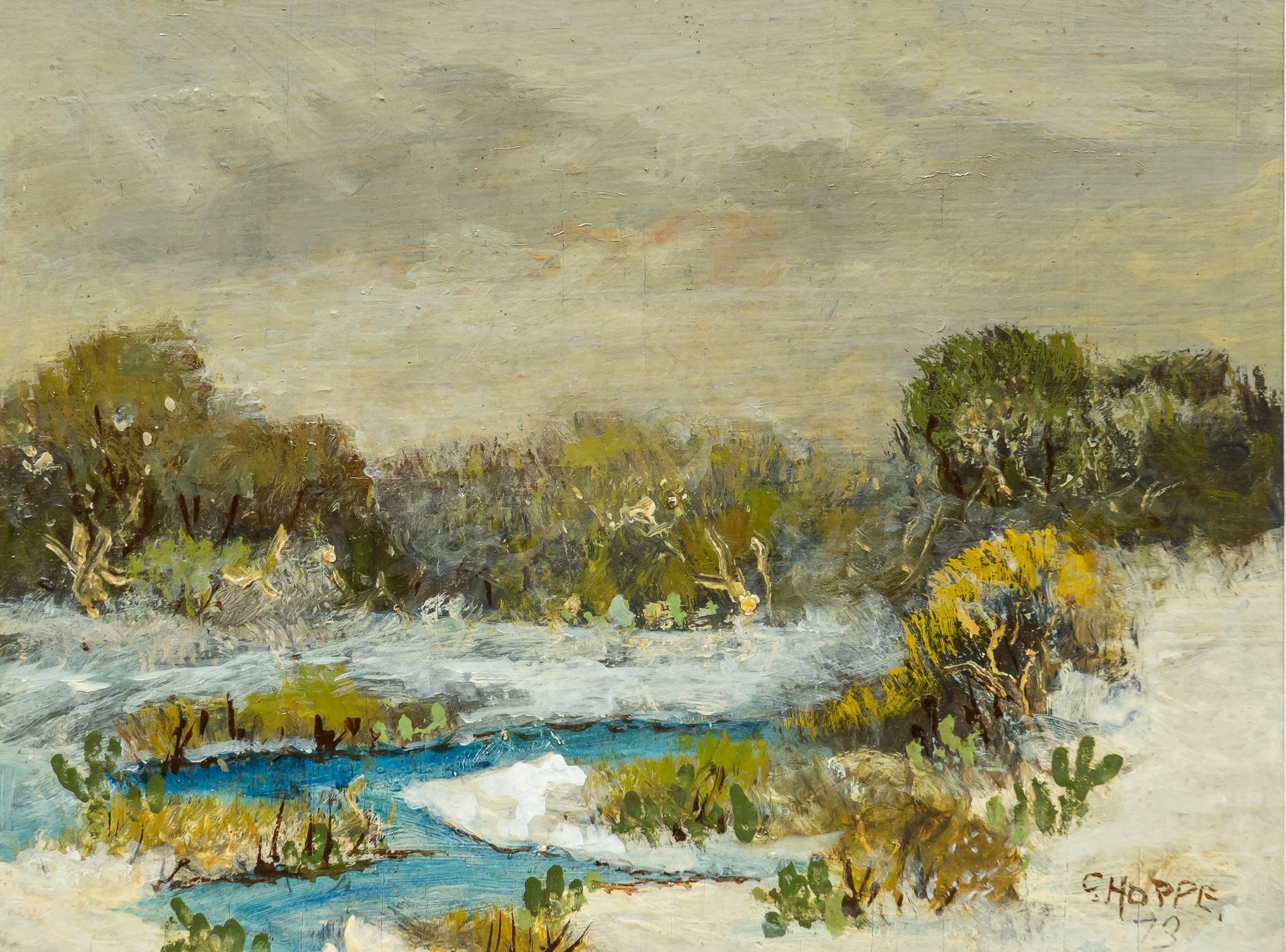 Artwork by Carl Thomas Hoppe, Snowy Creek with Cactus, Made of oil on panel