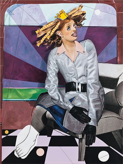 A surreal portrait of a figure in a metallic jacket and crown, seated against a geometric background.