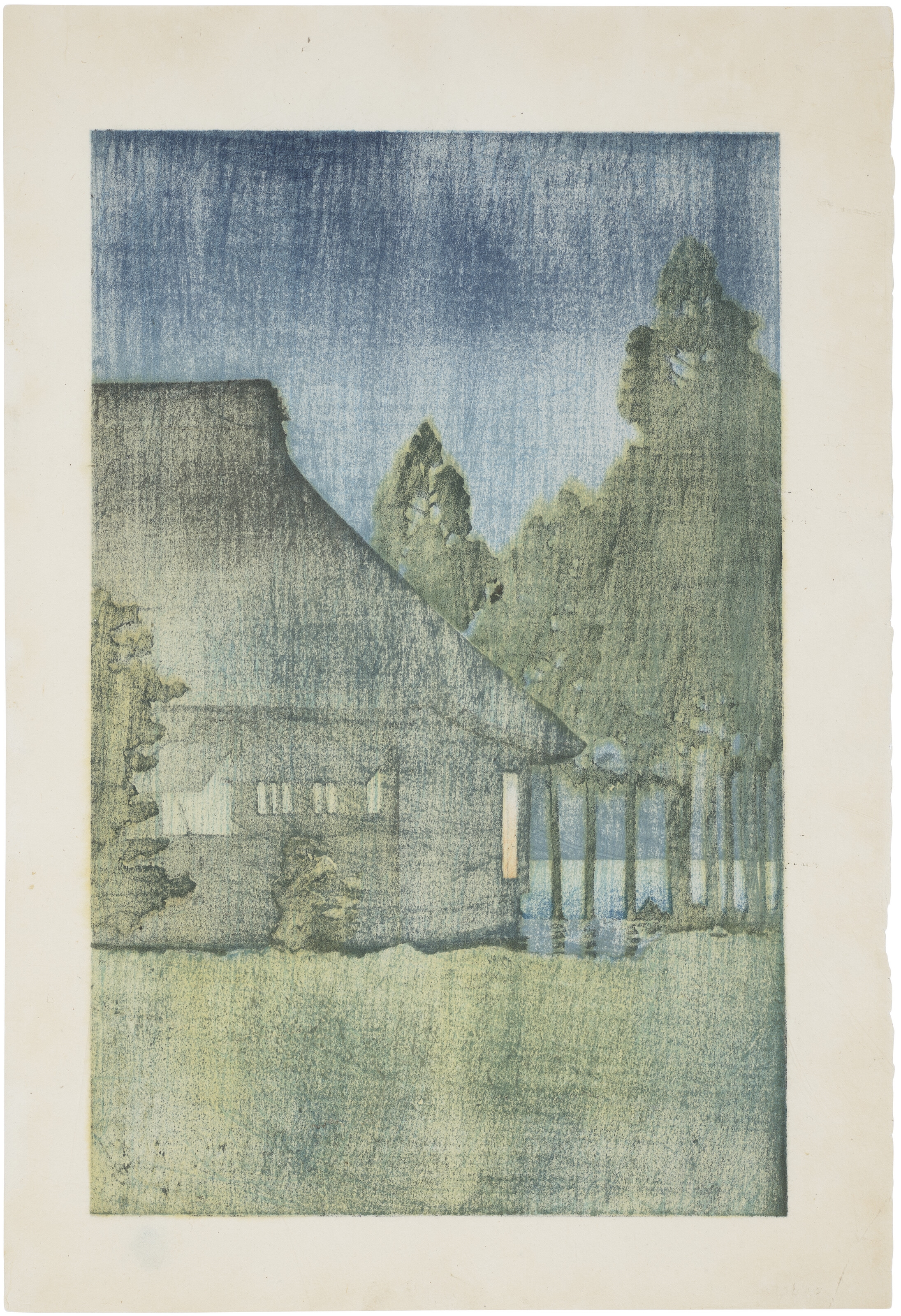 Artwork by Hasui Kawase, Evening rain at a lakeside tearoom, Made of Woodblock print