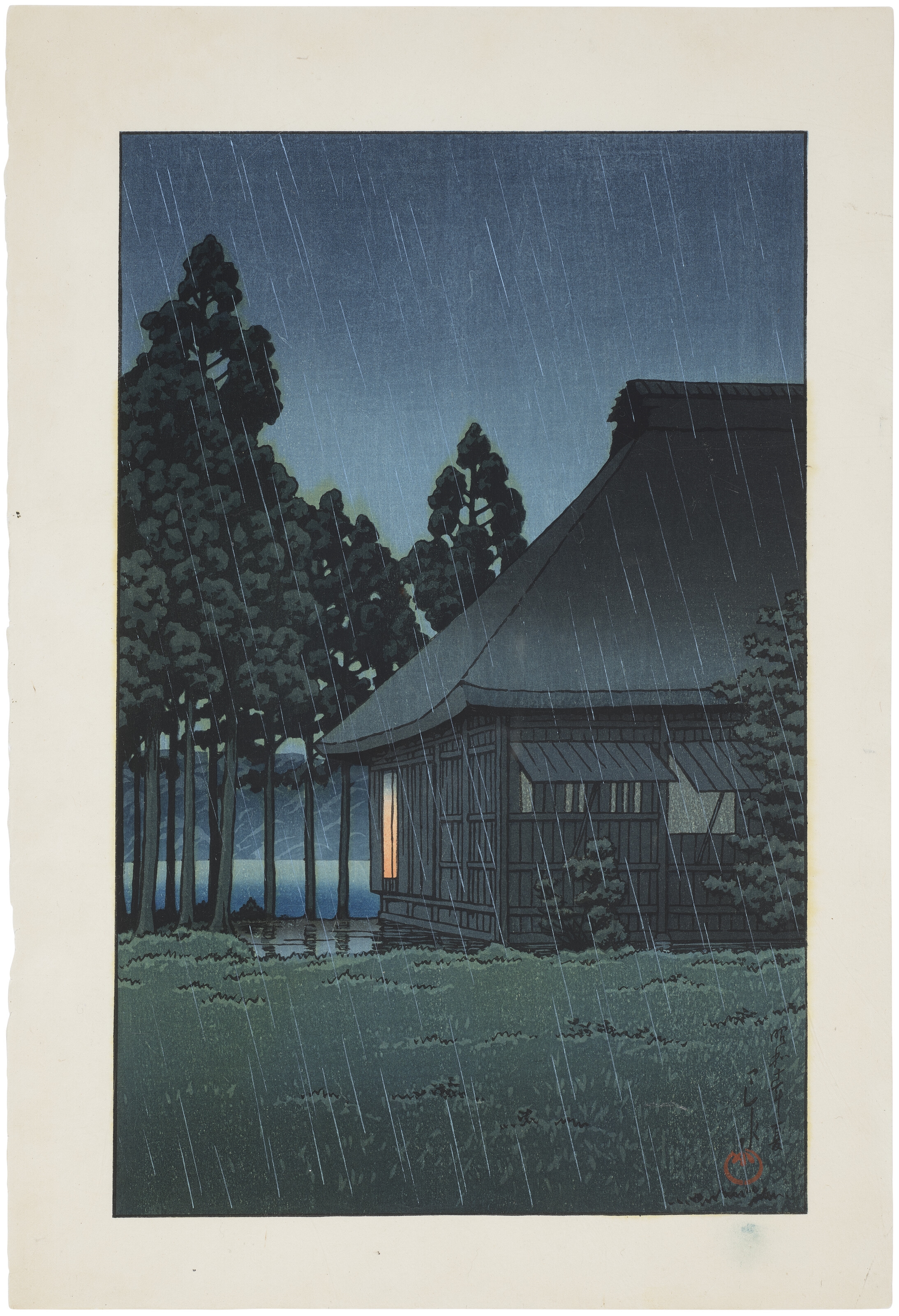Artwork by Hasui Kawase, Evening rain at a lakeside tearoom, Made of Woodblock print