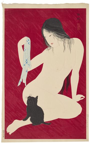 Nude playing with a cat by Takahashi Shtei, circa 1927-1930