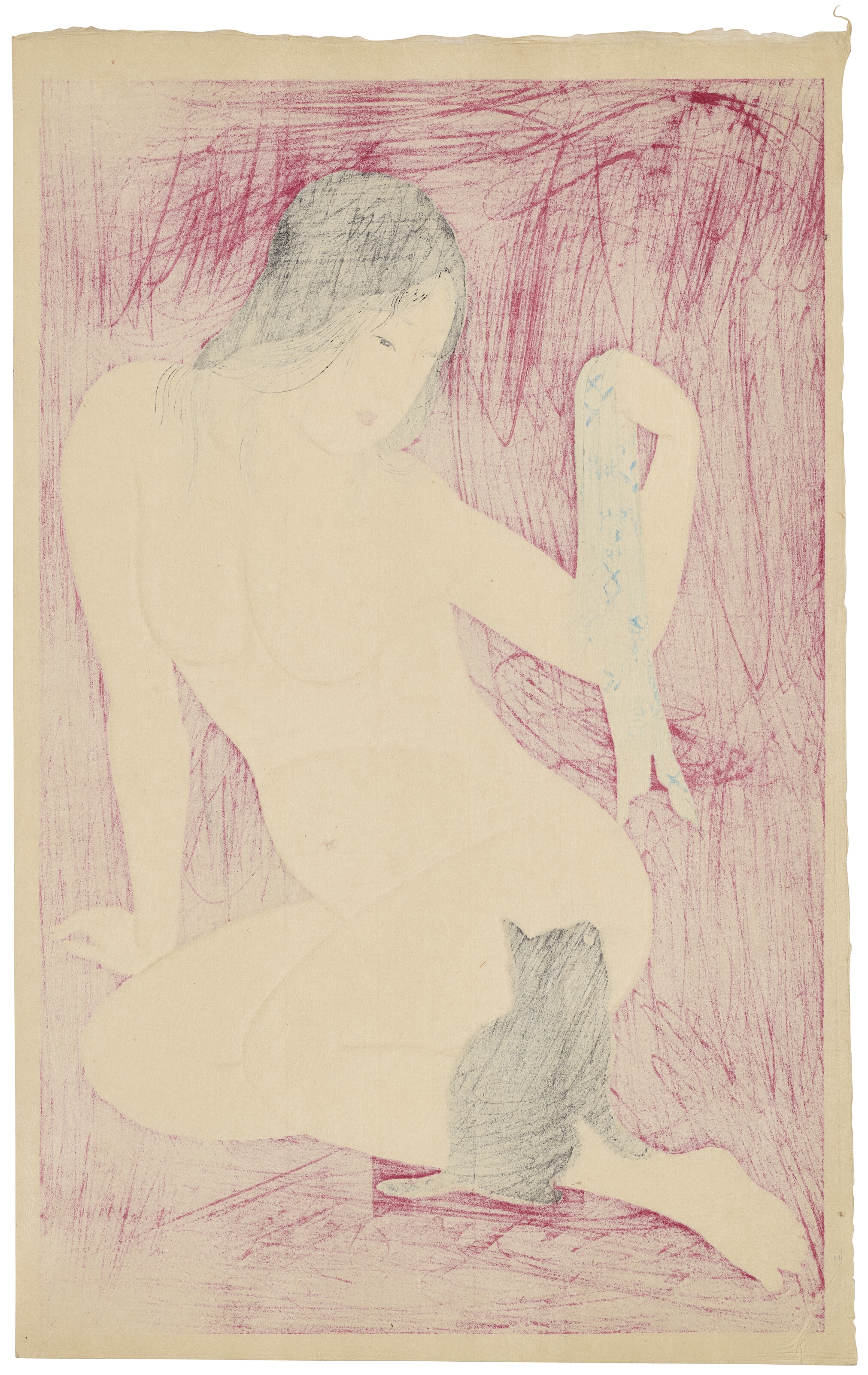 Artwork by Takahashi Shōtei, Nude playing with a cat, Made of Woodblock print