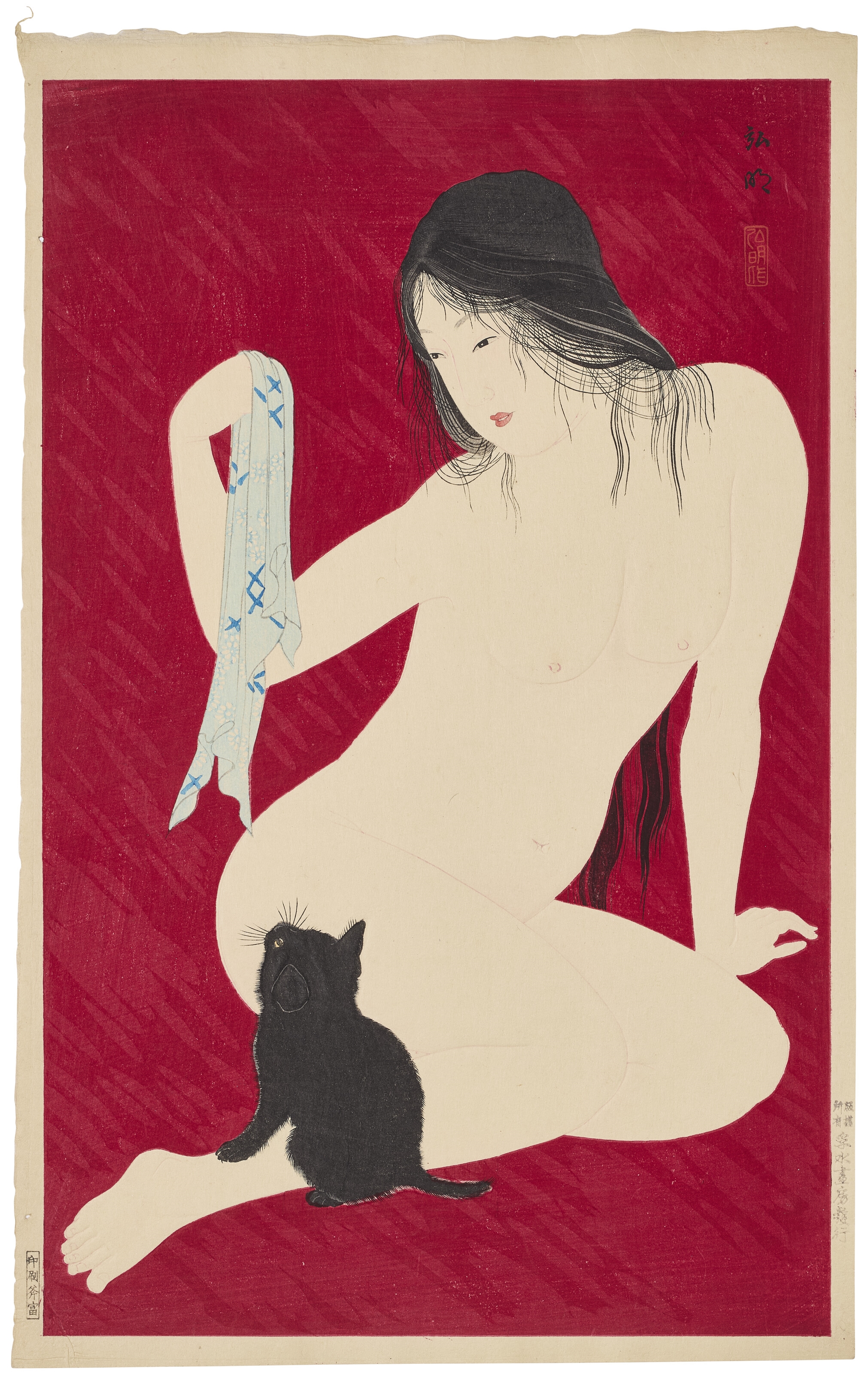 Artwork by Takahashi Shōtei, Nude playing with a cat, Made of Woodblock print