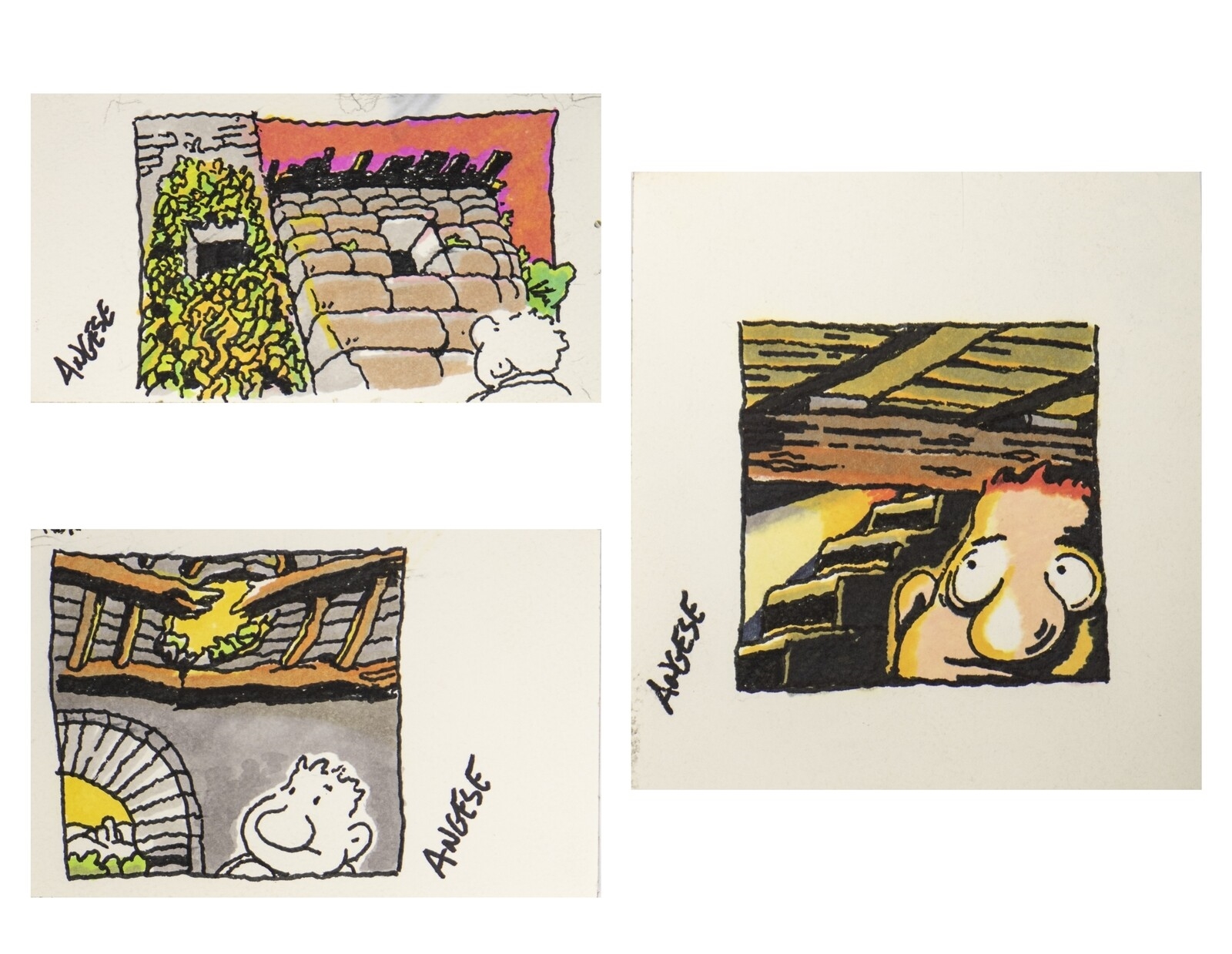 Artwork by Sergio Angeletti (angese), 3 satirical boards, Made of Pennarelli e acquarello su cartoncino