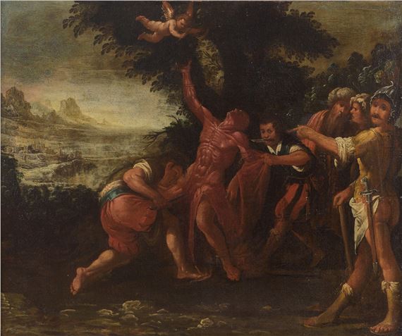A dramatic Baroque painting depicting a muscular figure being restrained by several others in a forested landscape.
