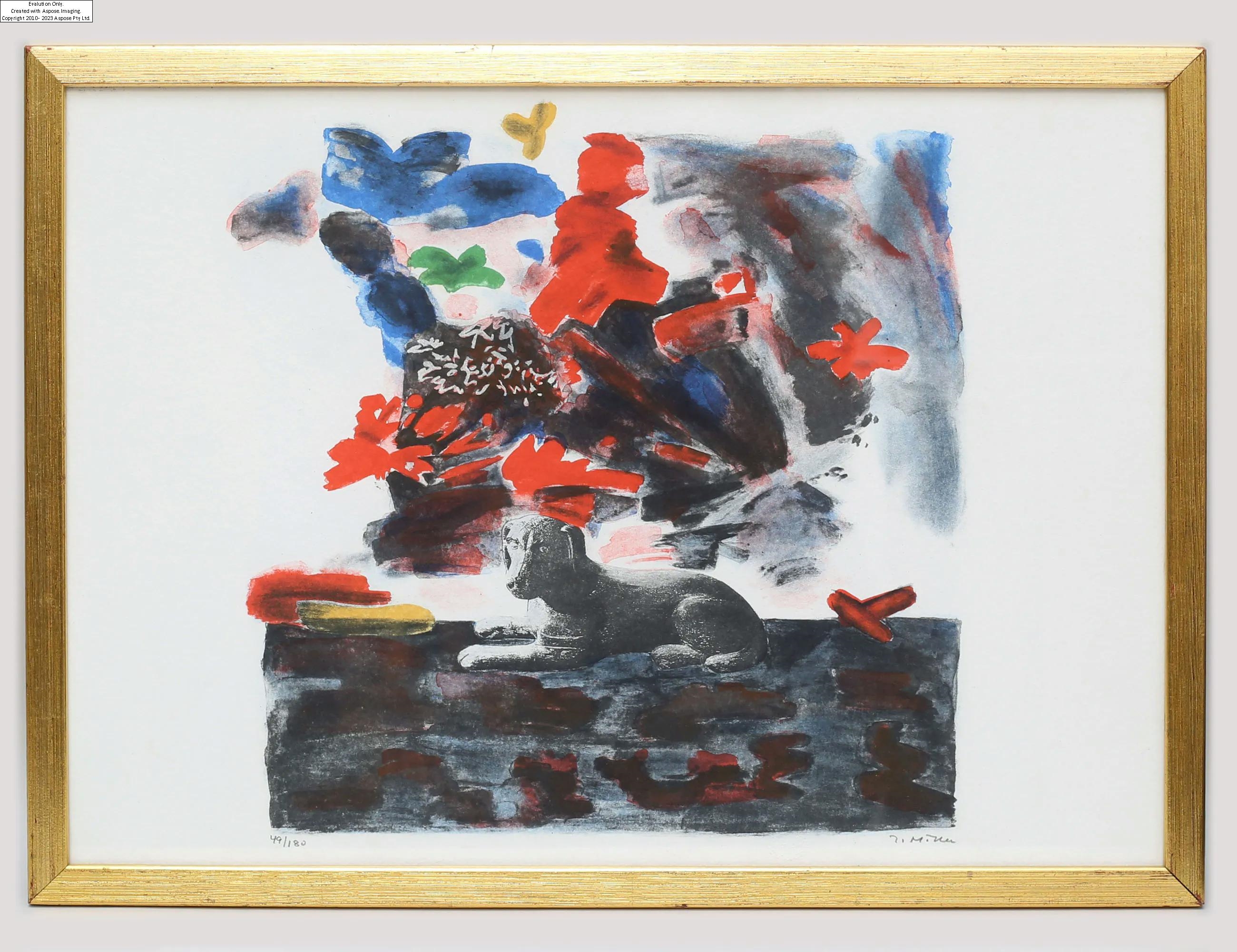 Artwork by Ingegerd Möller Nygren, komposition med liggande hund, Made of colored lithograph