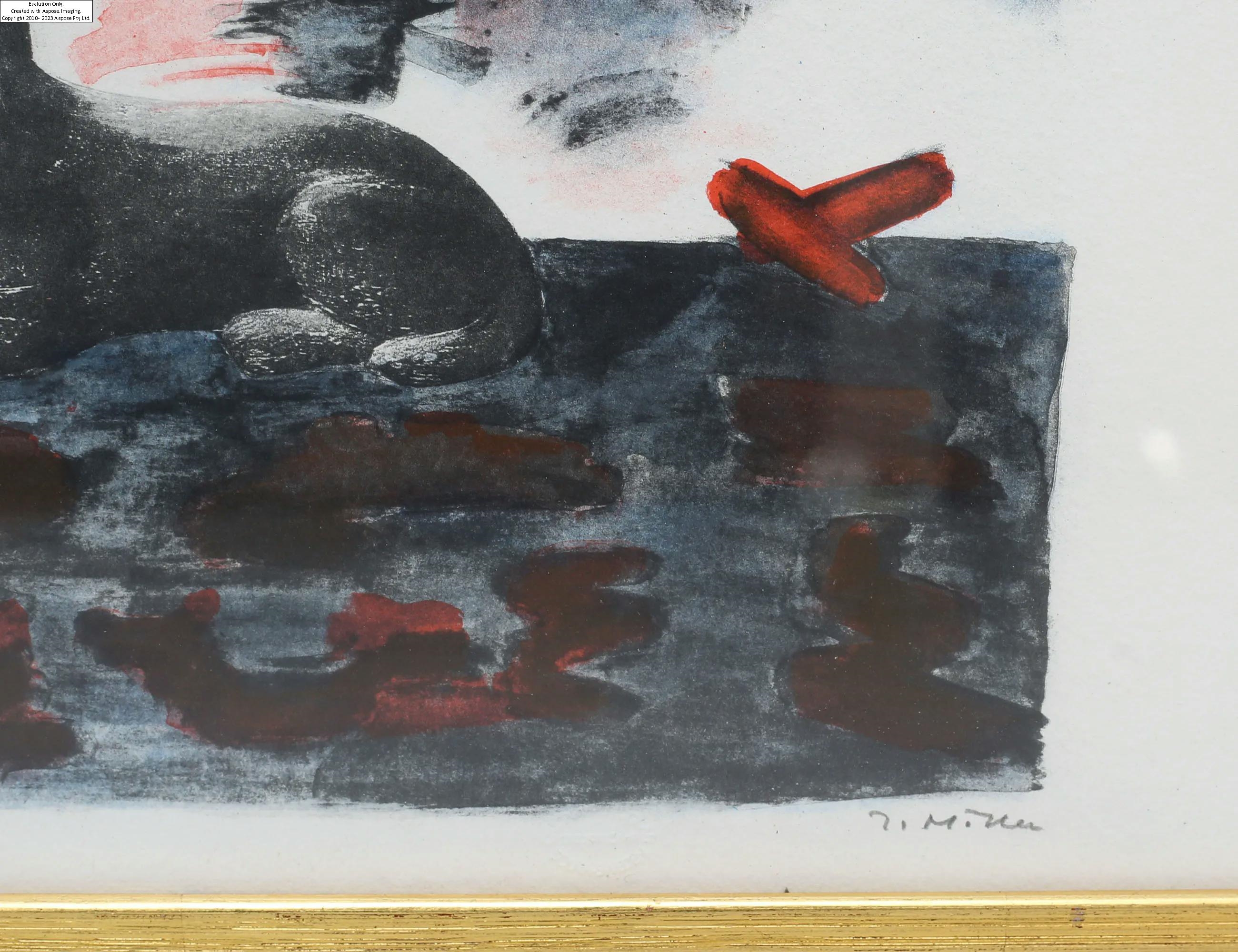 Artwork by Ingegerd Möller Nygren, komposition med liggande hund, Made of colored lithograph