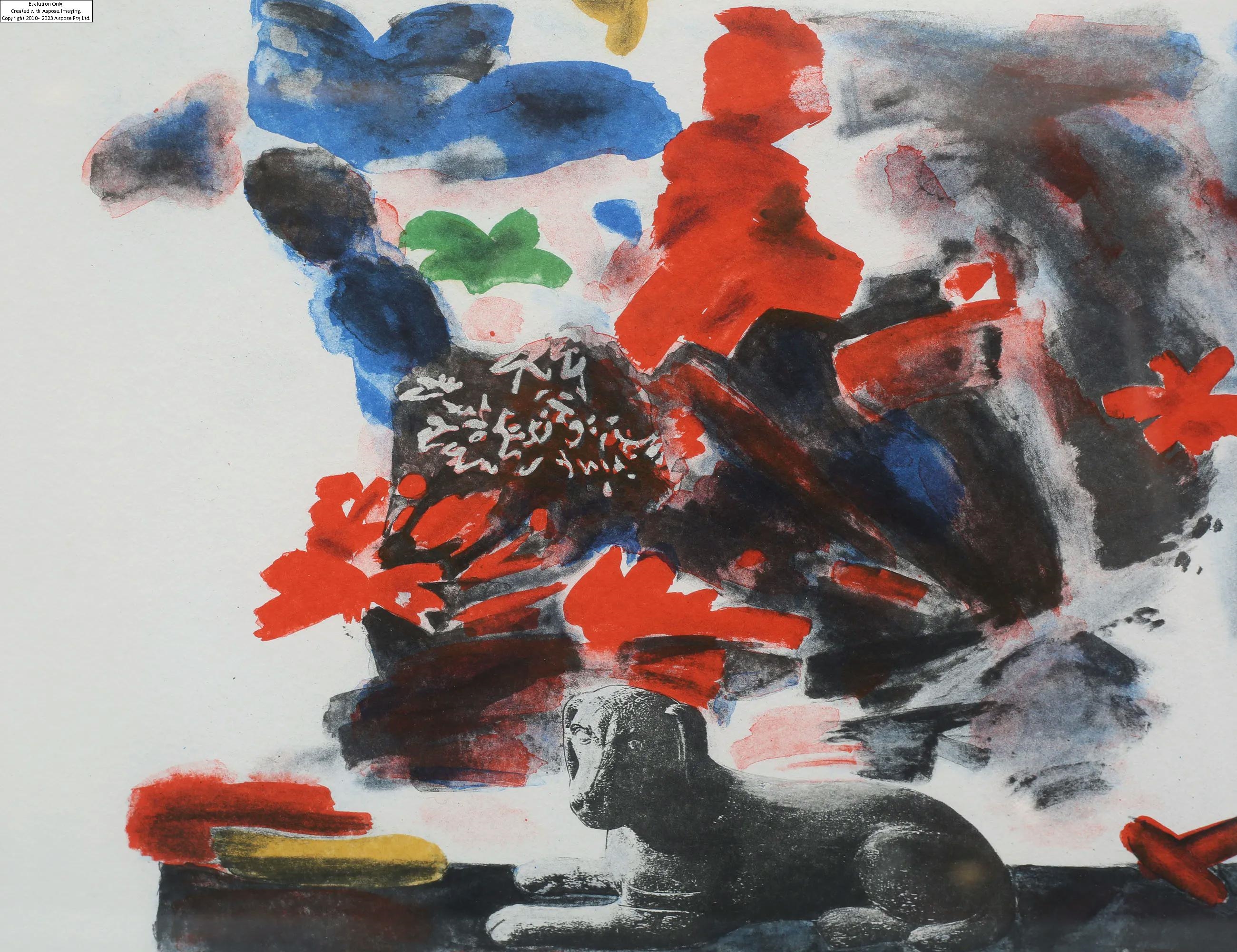 Artwork by Ingegerd Möller Nygren, komposition med liggande hund, Made of colored lithograph