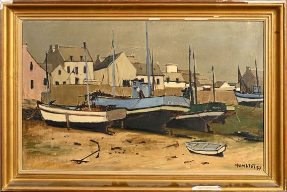 Robert HUMBLOT (1907-1962) Boats at low tide Oil on canvas signed lower right H. 38 cm - L. 61 cm - Robert Humblot