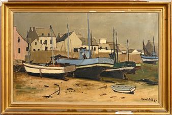 Robert HUMBLOT (1907-1962) Boats at low tide Oil on canvas signed lower right H. 38 cm - L. 61 cm - Robert Humblot