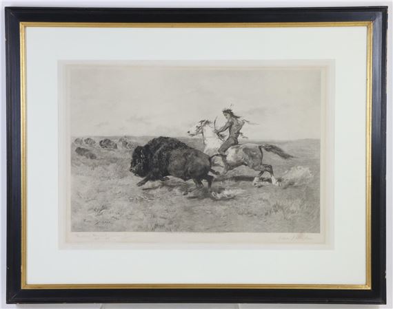 French, 1822-1899 engraving of native Americans on horseback hunting buffalo with signature in plate "Rosa Bonheur by Rosa Bonheur, 1822-1899