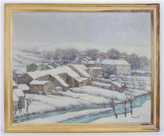 Impressionist winter landscape of a snow-covered village with rolling hills beside a river 25 - Paul Malquit